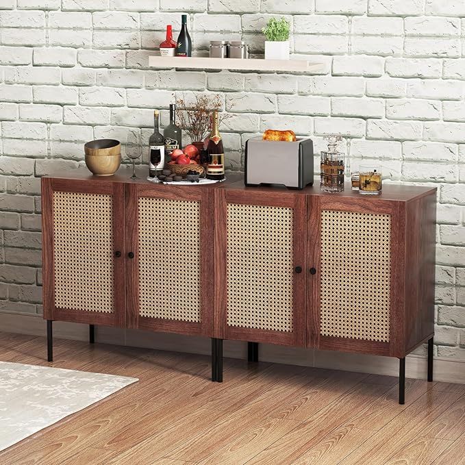 COSTWAY Buffet Cabinet with Storage, Storage Sideboard with Rattan Decorated Doors, Adjustable Shelf, Metal Legs, Accent Cabinet, Buffet Table Credenza for Hallway, Entryway, Living Room (1, Walnut)