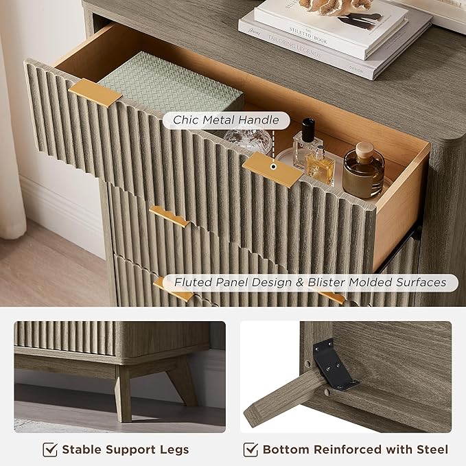 T4TREAM Fluted 5 Drawers Dresser, 48" Tall Modern Chest of Drawers, Curved Profile Design, Wood Drawer Organizer for Bedroom, Living Room, Hallway, Entryway, Grey Alder