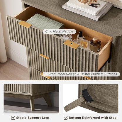 T4TREAM Fluted 5 Drawers Dresser, 48" Tall Modern Chest of Drawers, Curved Profile Design, Wood Drawer Organizer for Bedroom, Living Room, Hallway, Entryway, Grey Alder