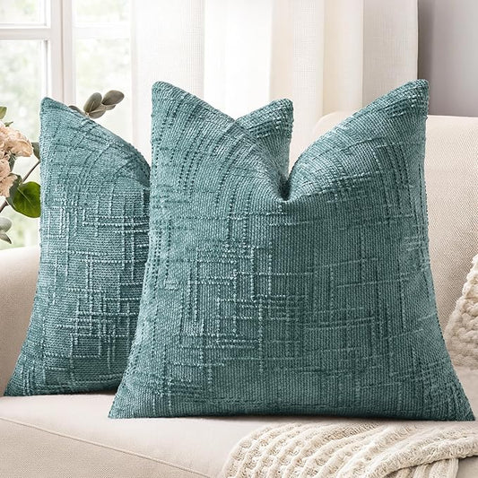 decorUhome Teal Chenille Throw Pillow Covers 20x20 Set of 2 Thick Textured Slubby Couch Pillow Covers Farmhouse Accent Modern Neutral Decorative Pillow Cases for Bed Sofa Living Room