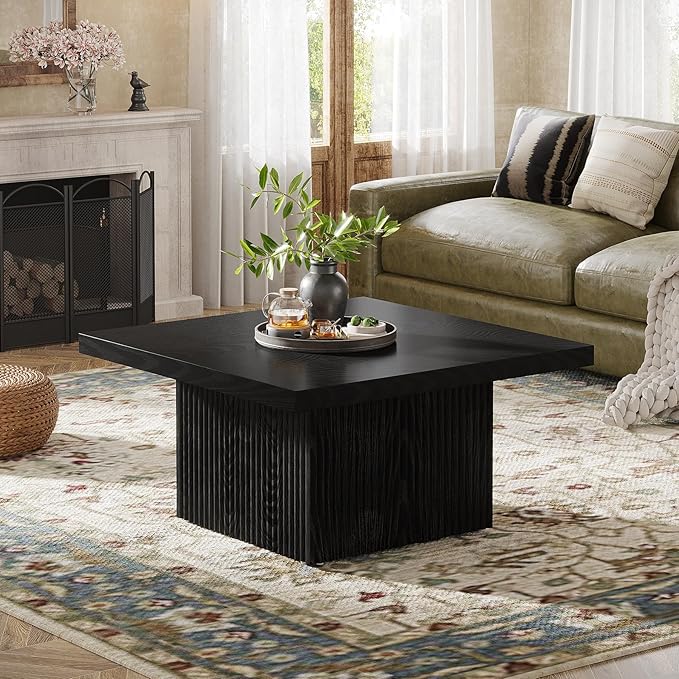 Tribesigns Square Coffee Table, 31.5-Inch Fluted Coffee Table, Mid-Century Modern Living Room Table, Large Cocktail Table for Living Room, Easy Assembly, Black