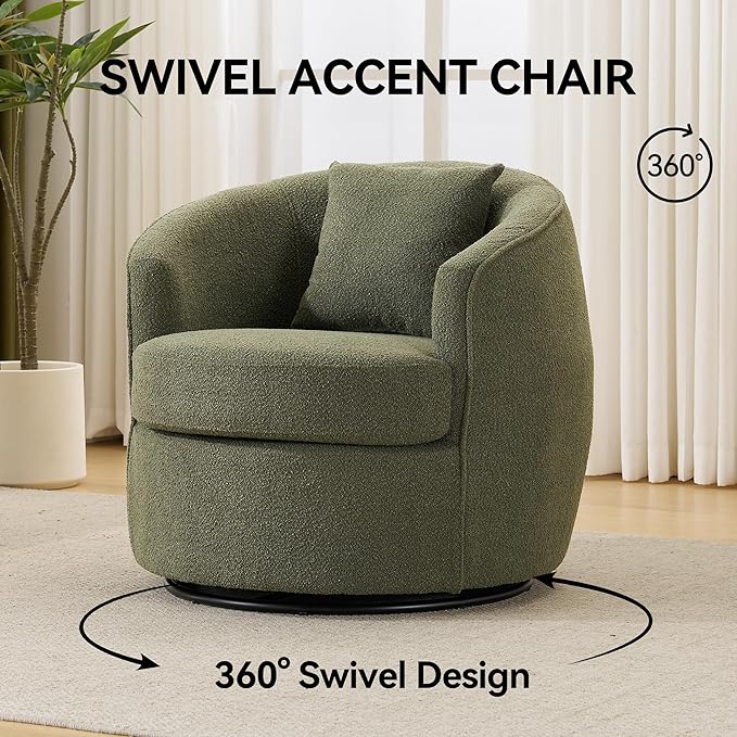 Swivel Accent Chair Set of 2, Modern Upholstered Boucle Barrel Arm Chairs with Pillow for Living Room, 360 Degree Round Swivel Sherpa Armchair with Round Base for Bedroom Club (2, Green)