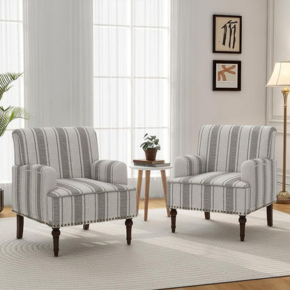 Accent Chair, Mid Century Modern Comfy Armchair for Living Room, Linen Fabric Single Sofa Lounge for Reading Bedroom Apartment Waiting Room with Wood Legs (Grey Stripe, Set of 1)