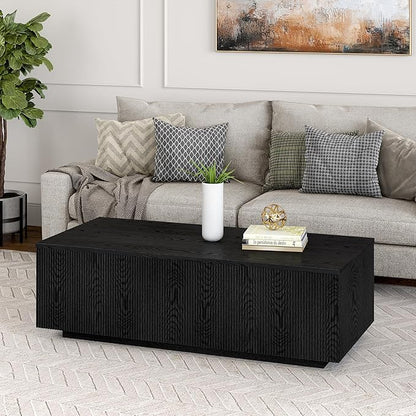Henn&Hart 48" Fluted Rectangular Low-Profile Coffee Table for Living Room, Family Room, or Office, Black Grain