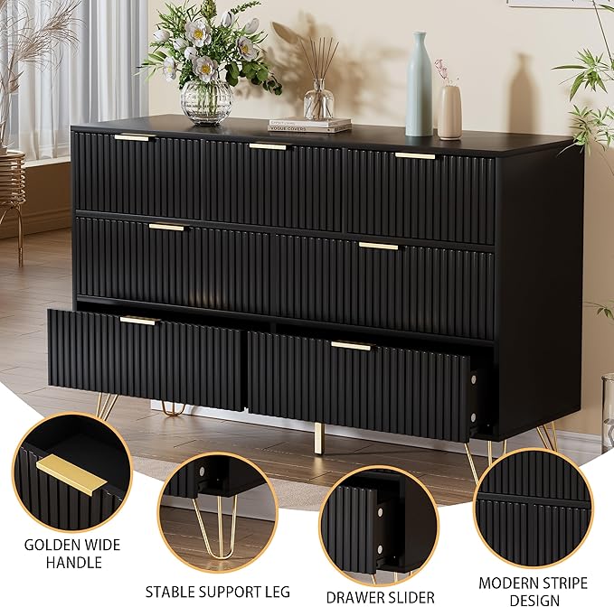 Dresser for Bedroom, Modern Fluted 47.2" Wide Chest of Drawers with Gold Pulls and 7 Drawers, 15.7" D x 47.2" W x 31.4" H, Black