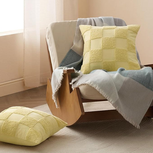 Double Stitch 100% Cotton Throw Pillow Covers - Checkered Tufted Boho Decorative Pillow Covers 20x20, Made in India, Square Cushion Case, Modern Home Decor for Couch, Sofa, Living Room, Lemon Yellow