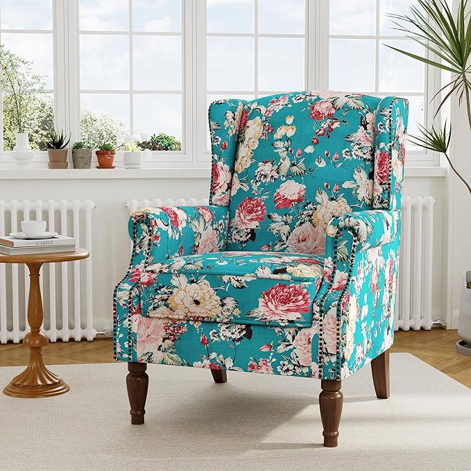 Accent Chair, Upholstered High Back Floral Armchair with Nailhead Trim & Wood Legs, Comfy Wingback Reading Single Sofa Chair for Small Spaces, Living Room, Bedroom ( Peacock Blue Floral, Set of 2)