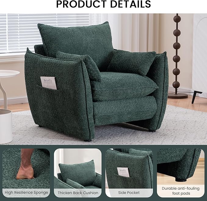 Chenille Oversized Accent Chairs Set of 2, Modern Oversized Armchair with Removable Pillow, Comfy Living Room Chair with Side Pocket Storage for Bedroom, Office, Green