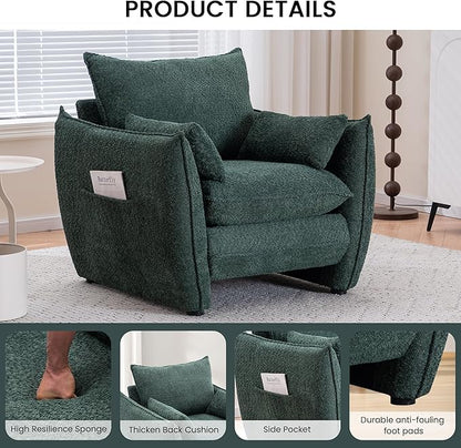 Chenille Oversized Accent Chairs Set of 2, Modern Oversized Armchair with Removable Pillow, Comfy Living Room Chair with Side Pocket Storage for Bedroom, Office, Green