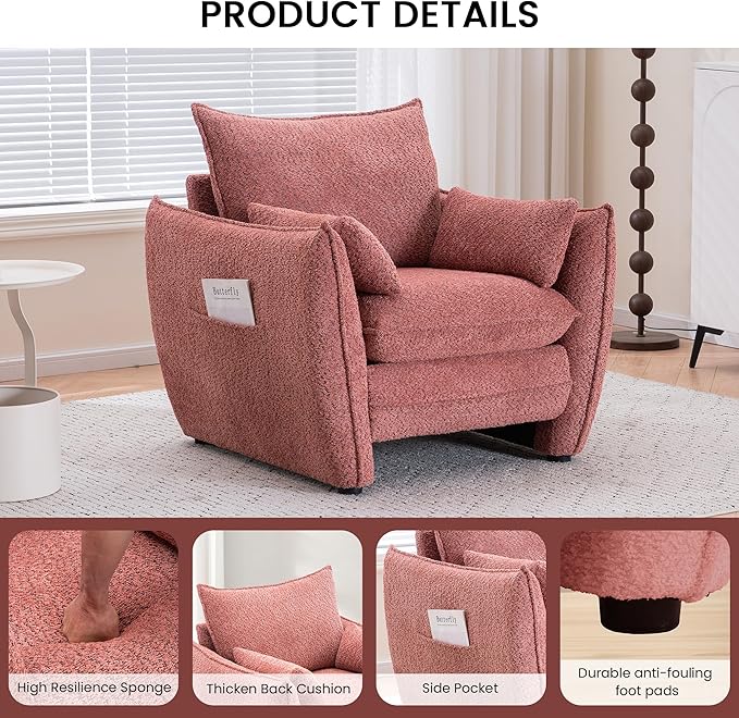 Chenille Oversized Accent Chairs Set of 2, Modern Oversized Armchair with Removable Pillow, Comfy Living Room Chair with Side Pocket Storage for Bedroom, Office, Pink