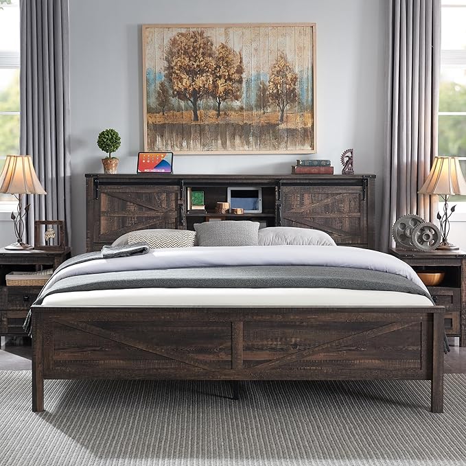 T4TREAM Farmhouse Queen Size Bed Frame w/Storage Bookcase Headboard, Sliding Barn Door, Charging Station, Rustic Wood Platform Bed w/Wood Slats Support, No Box Spring Needed, Dark Rustic Oak