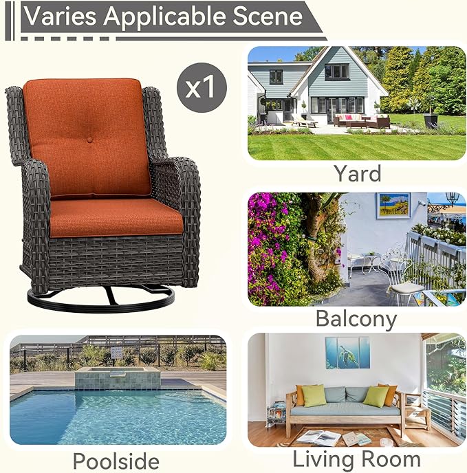 Outdoor Swivel Rocker Patio Chair - Outdoor Wicker Patio Chair with Olefin Fabric Cushions, Suitable for Backyard Deck and Porch, Orange