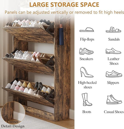 Tall Shoe Cabinet with Coat Rack, Hidden Shoe Storage Cabinet with Doors & Drawer, Hanging Bar & Hooks, Slim Narrow Freestanding Shoe Rack Organizer for Entryway, Hallway & Living Room, Brown