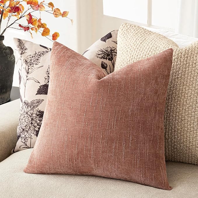 Foindtower Pack of 2 Textured Chenille Throw Decorative Pillow Covers Square Accent Solid Cushion Cover Neutral Farmhouse Pillow Case for Couch Sofa Bedroom Living Room 16x16 Inch,Dusty Pink