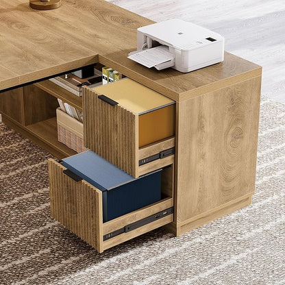 Tribesigns 78" L Shaped Desk with Drawers, Large Executive Office Desk with File Cabinet and Shelves, Modern Corner Computer Table Business Furniture for Home Office, Brown