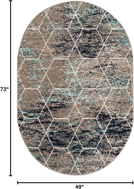 Unique Loom Trellis Frieze Collection Area Rug - Geometric (4' x 6' Oval, Blue Multi/ Ivory)