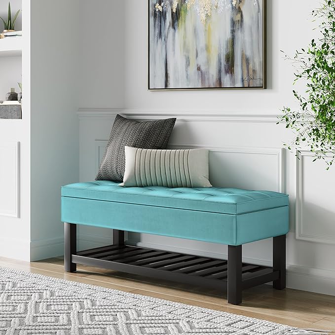 SIMPLIHOME Cosmopolitan 44 inch Wide Traditional Rectangle Storage Ottoman Bench with Open Bottom in Aqua Velvet Fabric, Assembled for the Living Room and Bedroom