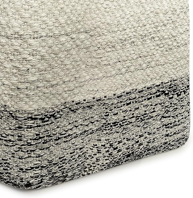 SIMPLIHOME Macie Boho Square Woven Outdoor/ Indoor Pouf in Grey and White Recycled PET Polyester for the Living Room, Bedroom and Kids Room