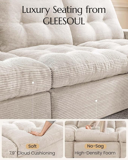 High Back Boneless Couch, L Shaped Cloud Couch with Versatile 2-Pack Pillow Blankets, Corduroy Modular Sectional Sofa with Ottoman, No Assemble Sectional Couches for Living Room, Warm White