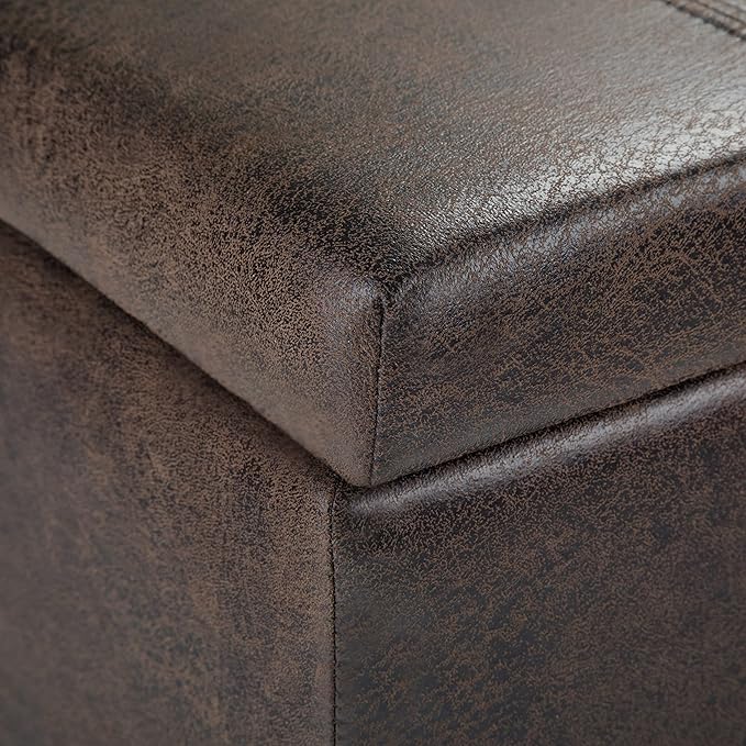 SIMPLIHOME Dover 36 inch Wide Contemporary Rectangle Storage Ottoman Bench in Distressed Brown Vegan Faux Leather, Assembled, for the Living Room, Entryway and Family Room