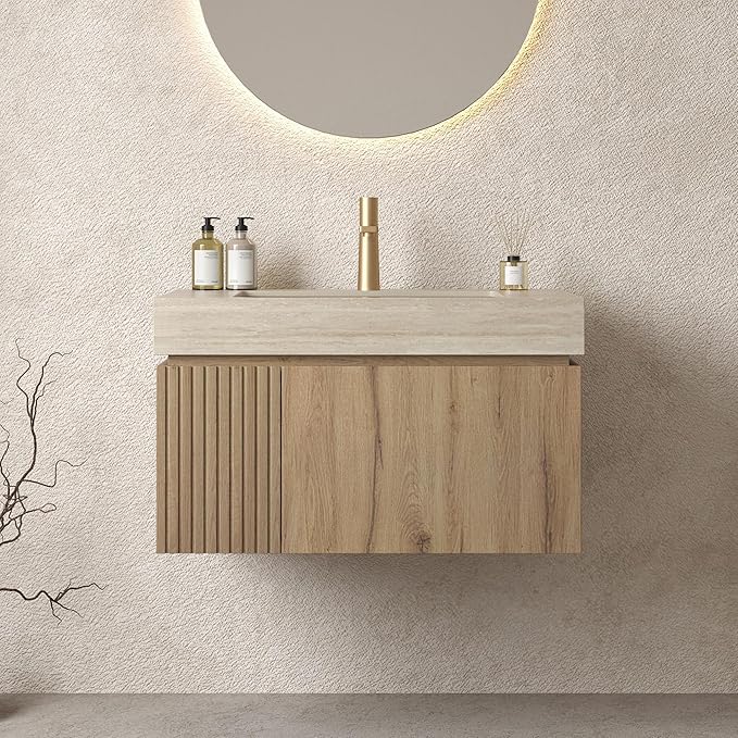 Bathroom Vanity with Sink 30 Inch, Floating Bathroom Vanity Sink Cabinet with Drawer and Door, Undermount Sink & Travertine-Pattern Sintered Stone Top, Pre-Assembled, White Oak
