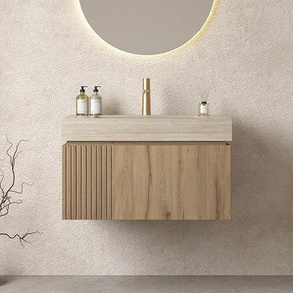 Bathroom Vanity with Sink 30 Inch, Floating Bathroom Vanity Sink Cabinet with Drawer and Door, Undermount Sink & Travertine-Pattern Sintered Stone Top, Pre-Assembled, White Oak