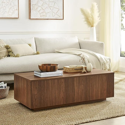 Henn&Hart 48" Rectangular Low-Profile Wood Coffee Table for Living Room, Family Room, or Office, Satin Walnut