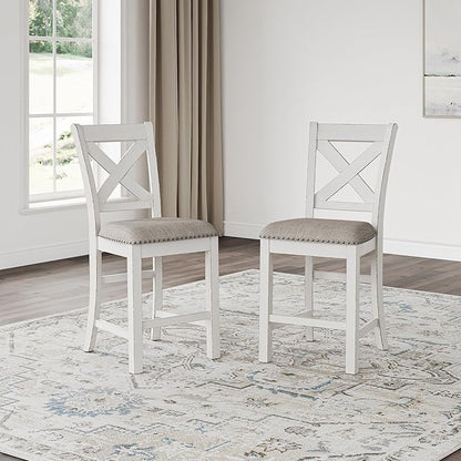 Signature Design by Ashley Robbinsdale Farmhouse Upholstered Barstool, Set of 2, X-Back, Nailhead Trim, Wood, 24.75" H, White & Light Gray