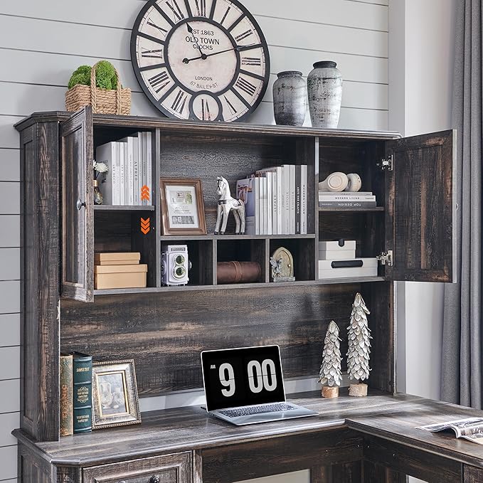 T4TREAM L Shaped Desk with Hutch,59" Farmhouse Wood Home Office Executive Desk,Charging Station,File Drawer, Storage Cabinet,Computer Desk for Work and Study (Dark Rustic Oak)