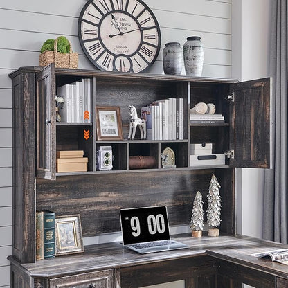 T4TREAM L Shaped Desk with Hutch,59" Farmhouse Wood Home Office Executive Desk,Charging Station,File Drawer, Storage Cabinet,Computer Desk for Work and Study (Dark Rustic Oak)
