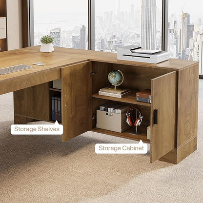 Tribesigns L-Shaped Executive Desk, 78-Inch Office Desk with Storage Cabinet and 2-Tier Shelf, Large Wooden Computer Writing Table Business Furniture Workstation for Home Office, Brown