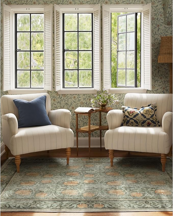 RUGGABLE x Morris & Co Washable Area Rug– Pimpernel Vintage Green 6x9, Stain-Resistant, Non-Slip – Medium Machine Washable Rugs for Living Room, Bedroom, Hallway, Entryway & Office–with Cushioned Pad