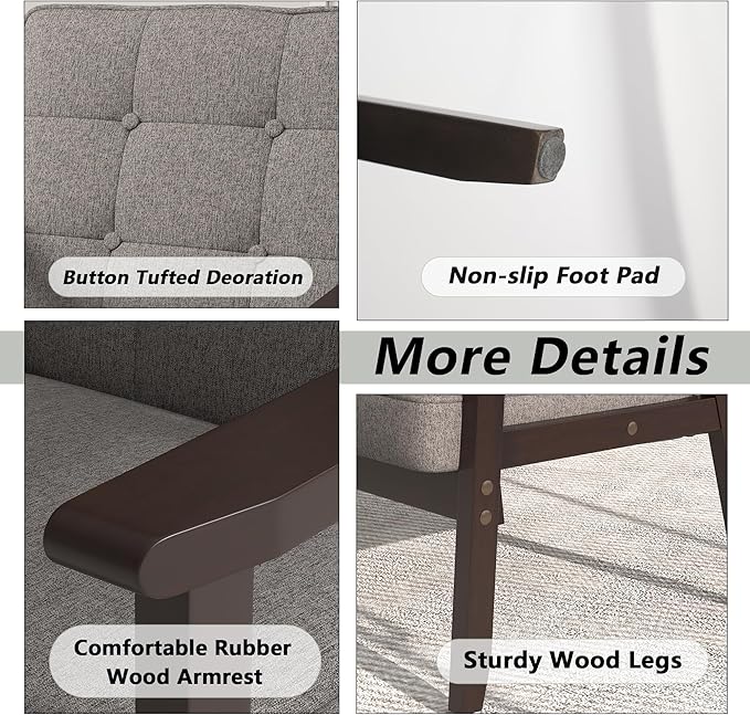 Modern Accent Chair with Wooden Table, Upholstered Linen Fabric Leisure Chair Comfy Side Chair with Backrest Button and Arm Rest for Living Room Bedroom Reading(Gray)