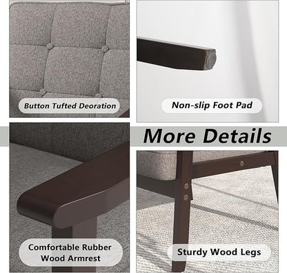 Modern Accent Chair with Wooden Table, Upholstered Linen Fabric Leisure Chair Comfy Side Chair with Backrest Button and Arm Rest for Living Room Bedroom Reading(Gray)