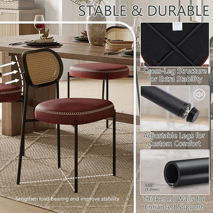 Rattan Dining Chairs Set of 6, Wine Leather Upholstered Dining Chairs with Rattan Cane Back, Mid Century Modern Dining Room Chairs with Black Metal Legs & D-Shaped Thicken Cushion, Wine