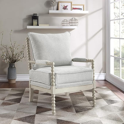 OSP Home Furnishings Kaylee Spindle Accent Chair with Antique White Wood Frame, Smoke Grey Fabric