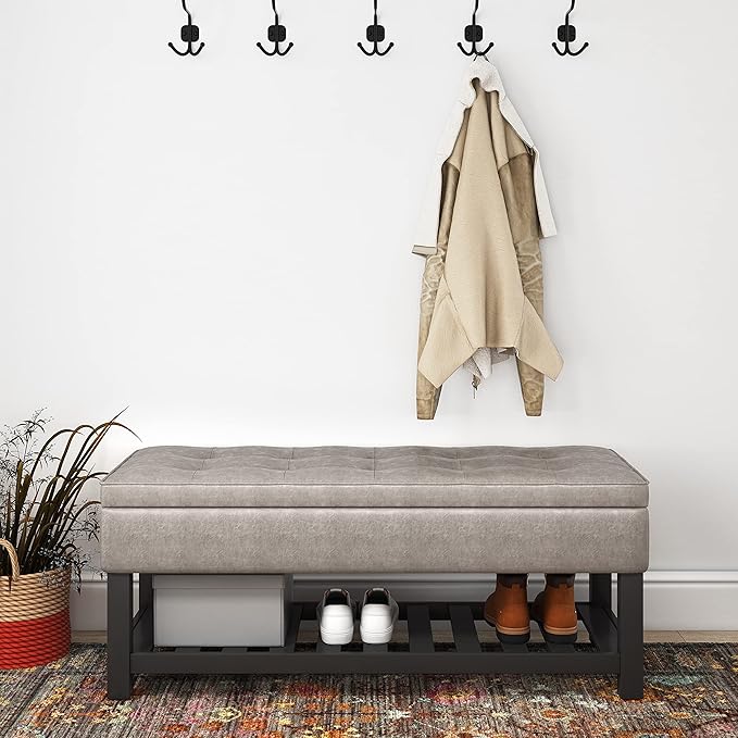SIMPLIHOME Cosmopolitan 44 inch Wide Transitional Rectangle Storage Ottoman Bench with Open Bottom in Distressed Grey Taupe Vegan Faux Leather, Assembled for the Living Room and Bedroom