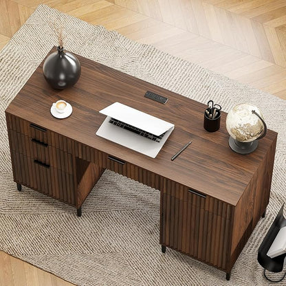 Modern Fluted Executive Desk with File Drawer, 55" Large Computer Desk with Storage and Charging Station, Wooden Home Office Desk for Workspace, Writing, Study, Brown