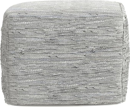 SIMPLIHOME Fredrik Boho Square Pouf in Cream Woven Genuine Leather for the Living Room, Bedroom and Kids Room