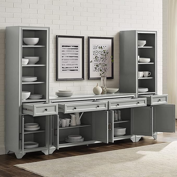 Crosley Furniture Tara 3-Piece Modern Farmhouse Sideboard Buffet Cabinet and Bookcase Set with Storage, Distressed Gray