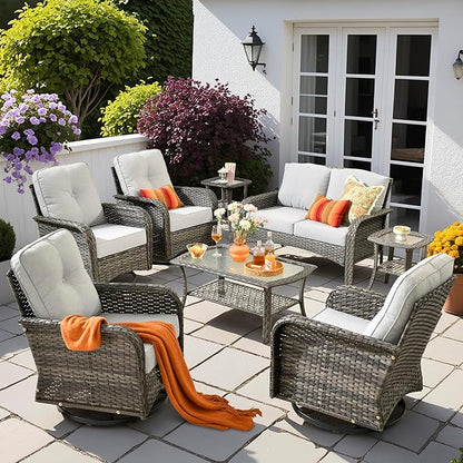 8 PCS Patio Outdoor Furniture Set with Swivel Rocking Chairs,All Weather Wicker Rattan Patio Seating Sofa and Chairs Set,Outdoor Conversaiton Sets for Deck Yard Prrch Garden Poolside,Grey