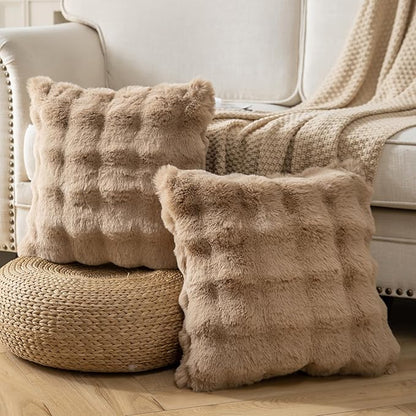 Pack of 2 Thick Plush Throw Pillow Covers Fluffy Wave Faux Fur Decorative Cushion Covers Soft Wool Pillowcase for Sofa Couch Livingroom 24x24 Inch Camel