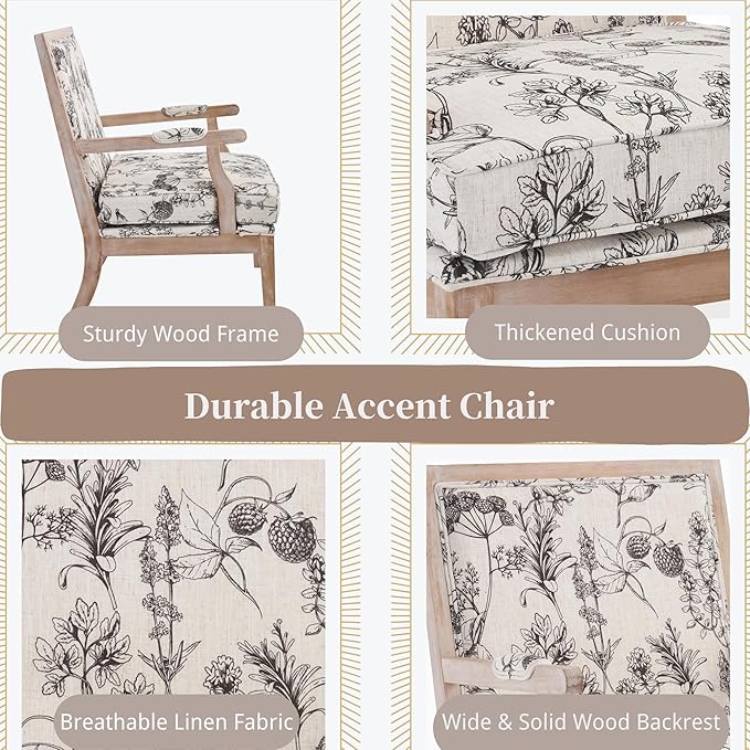 chairus Farmhouse Linen Accent Chair Set of 2, Upholstered Reading Chair with Solid Wood Frame Lounge Arm Chair with High Back for Living Room, Reception Room, Waiting Room, Floral Pattern