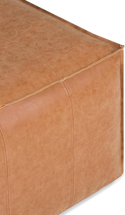 SIMPLIHOME Brody 30-inch Wide Large Square Coffee Table Pouf in Distressed Brown, Vegan Faux Leather Ottoman, Footrest, or Extra Seating for Living Room, Assembled