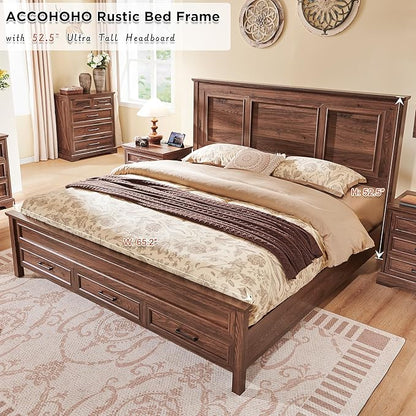 ACCOHOHO Farmhouse Queen Size Bed Frame with 52" Tall Headboard, Wood Platform Bedframe with Footboard and Storage Drawers, No Squeak, No Box Spring Needed, Brown