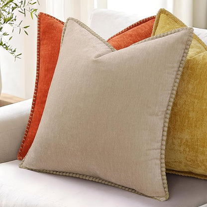 decorUhome Chenille Soft Throw Pillow Covers 24x24 Set of 2, Farmhouse Velvet Neutral Decorative Euro Pillow Covers with Stitched Edge for Couch Sofa Bed Home Decor, Beige