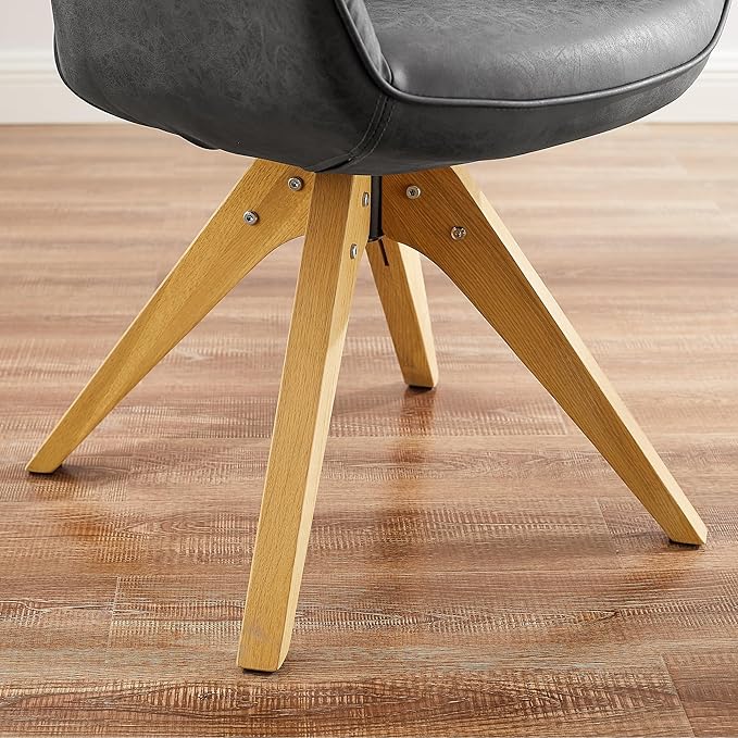 Zouron Mid Century Modern Accent Chair with Oak Wood Legs, Upholstered Swivel Chair No Wheels, Side Accent Armchair Vanity Chair for Small Space Home Office Living Room Bedroom, Black