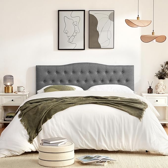 Tufted Upholstered Headboard California King Size, Sturdy and Durable Solid Wood Bed headboard, Fabric Headboard Adjustable Height from 37” to 51”, Button Diamond Design Head Board, Grey