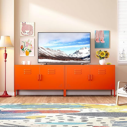 SISESOL Orange Metal Storage Cabinet with Doors and Shelves,2 Door Wide Metal Locker Accent Storage Cabinet with Leg & Vent Hole,Wide TV Cabinets,Low Side Cupboard for Home,Office,Dining/Living Room