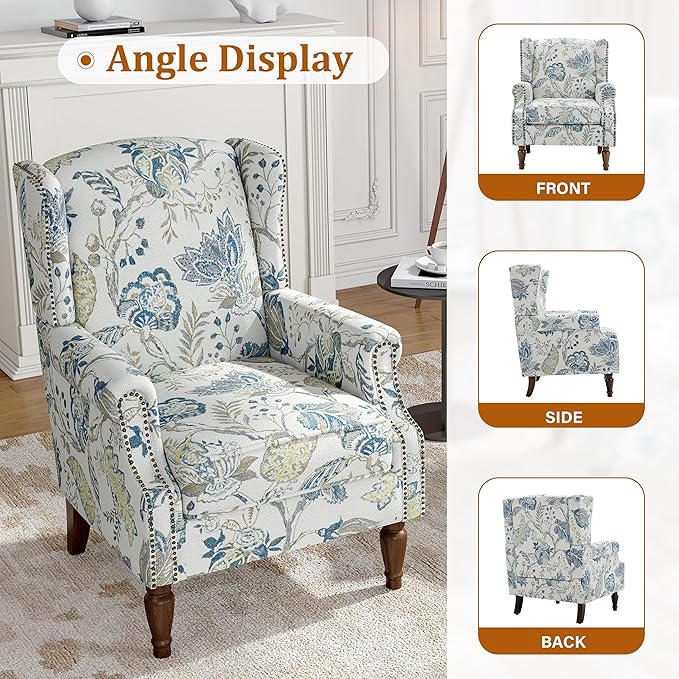 Floral Wingback Accent Chair Set of 2, High Back Upholstered Armchair, Comfy Fabric Wingback Arms Chairs with Retro Solid Wood Legs, Single Sofa Reading Chair for Bedroom Living Room, Plants Blue